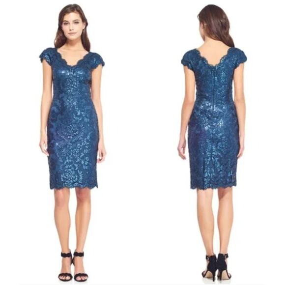 Tadashi Shoji Paillette Embroidered Lace Dress Cap Sleeve Steel Blue Women’s 8 - Picture 1 of 13
